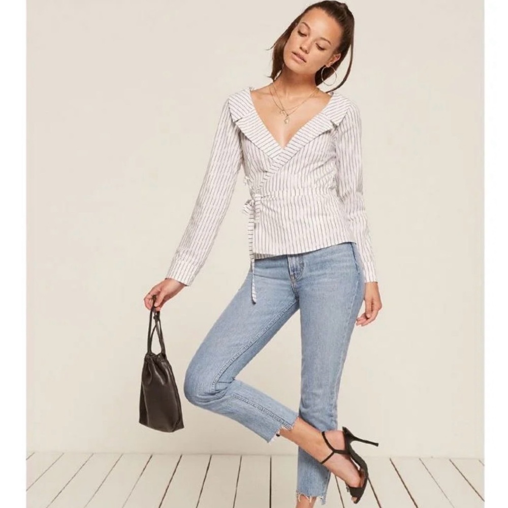 Reformation Dimitri Top, Women’s Blouse,  Size XS, Pinstripe, White, Wrap Top,